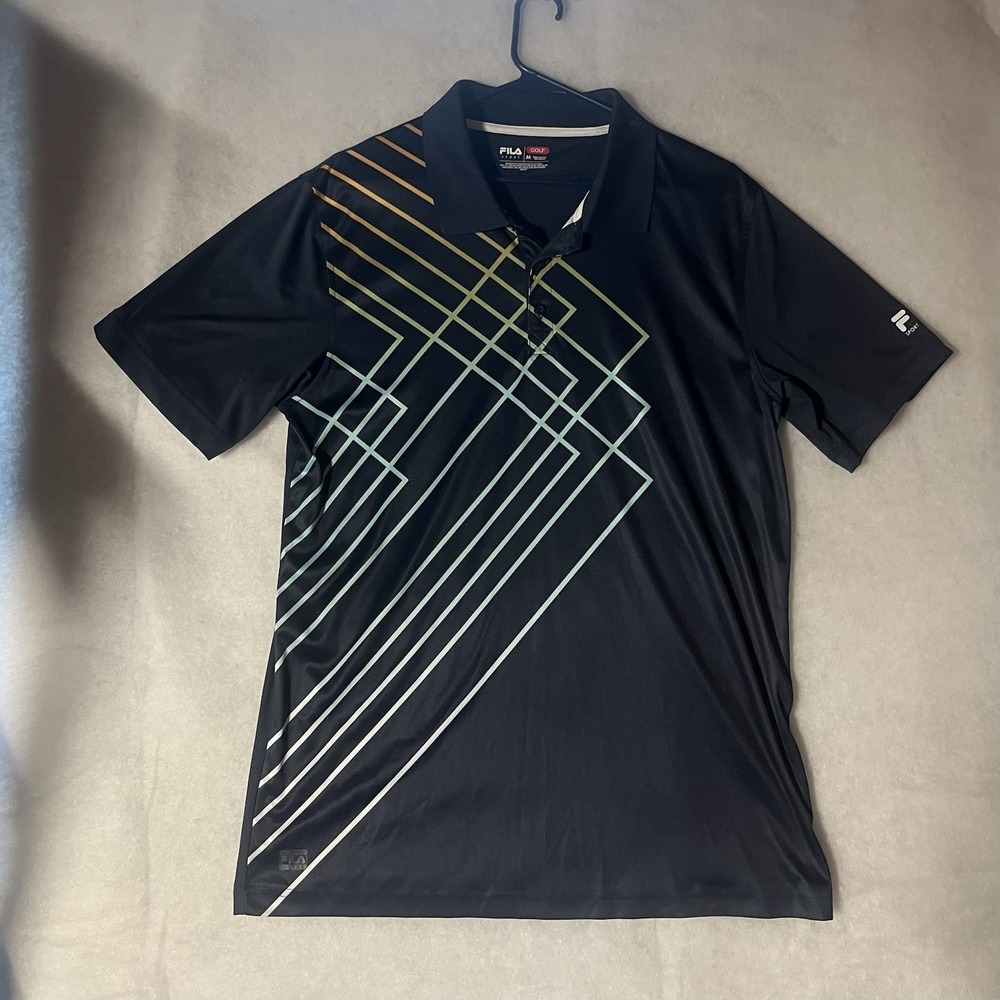 Fila Sport Golf Polo Shirt Mens Medium Dark Blue Geometric Quick Dry Performance